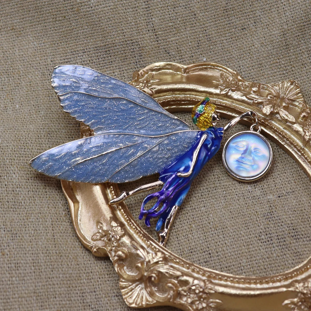 Medieval Guide Fairy brooch, illusion color gradient wings, lucky face, enamel enamel pin, antique sleeping angel elf
